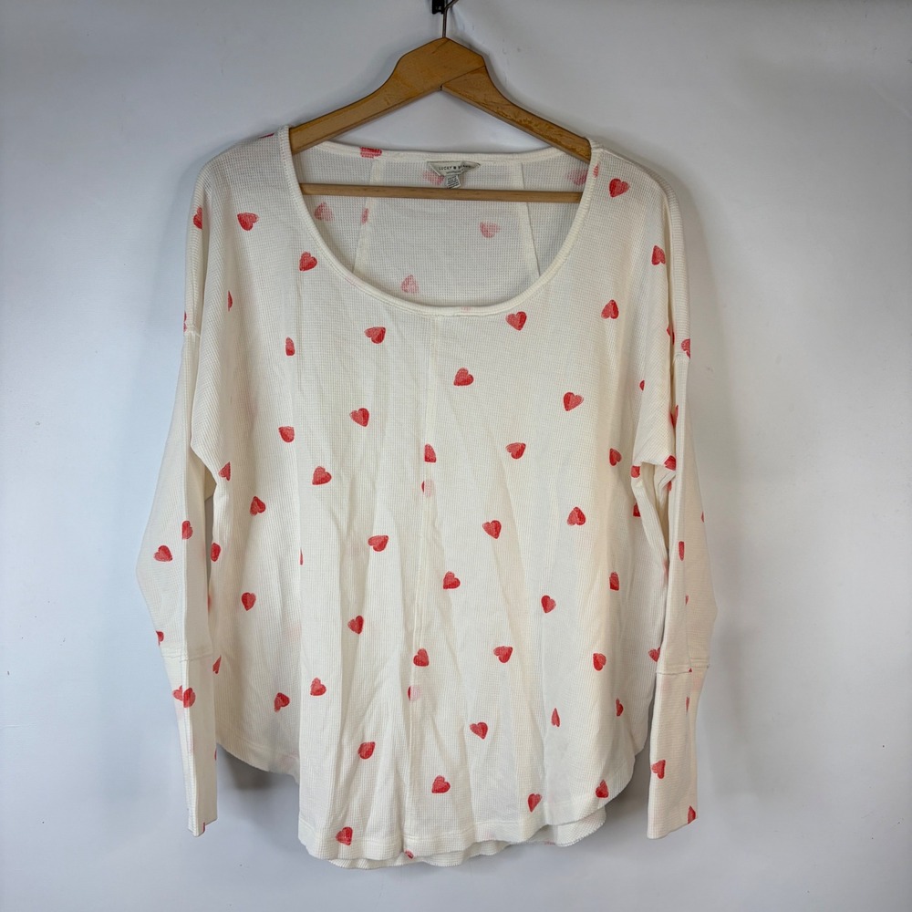 Lucky Brand Thermal Top Women 1X Cream Red Heart Print Waffle Knit Relaxed Fit
